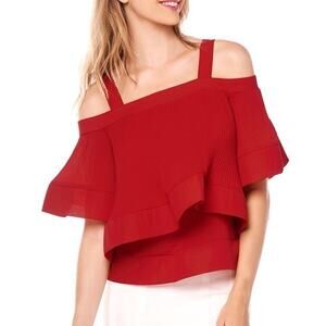 GRACIA Pleated Ruffle Tie Waist Red Coquette Romantic Party Blouse Women's Small
